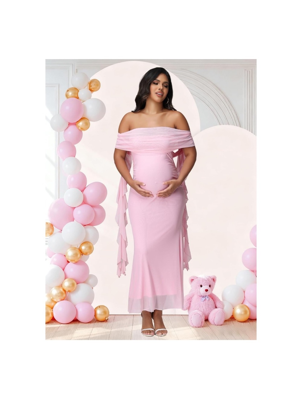 Pink Maternity Mesh Off Shoulder Dress Ruffle Baby Shower Dress for Photoshoot